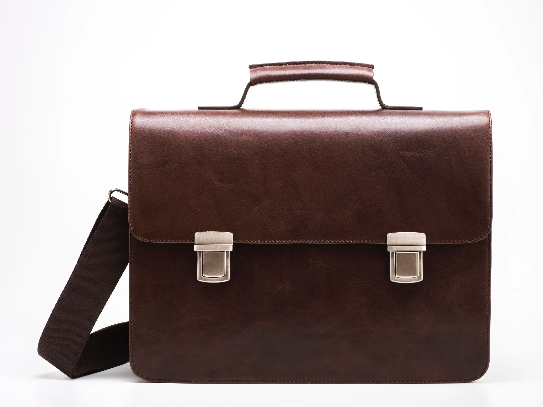 Rich brown leather briefcase with top handle and metal clasp